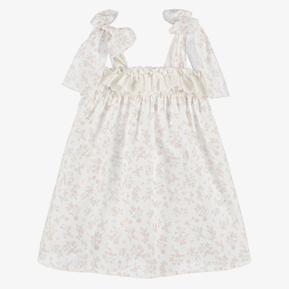 Paloma de la O-Girls Ivory Cotton Dress with Pink Floral Print | Childrensalon