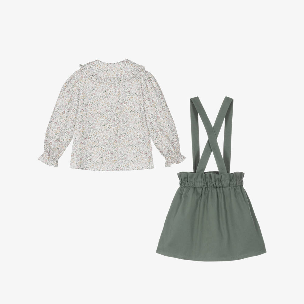Paloma de la O-Girls Ivory Floral Blouse & Green Cotton Skirt Set | Childrensalon