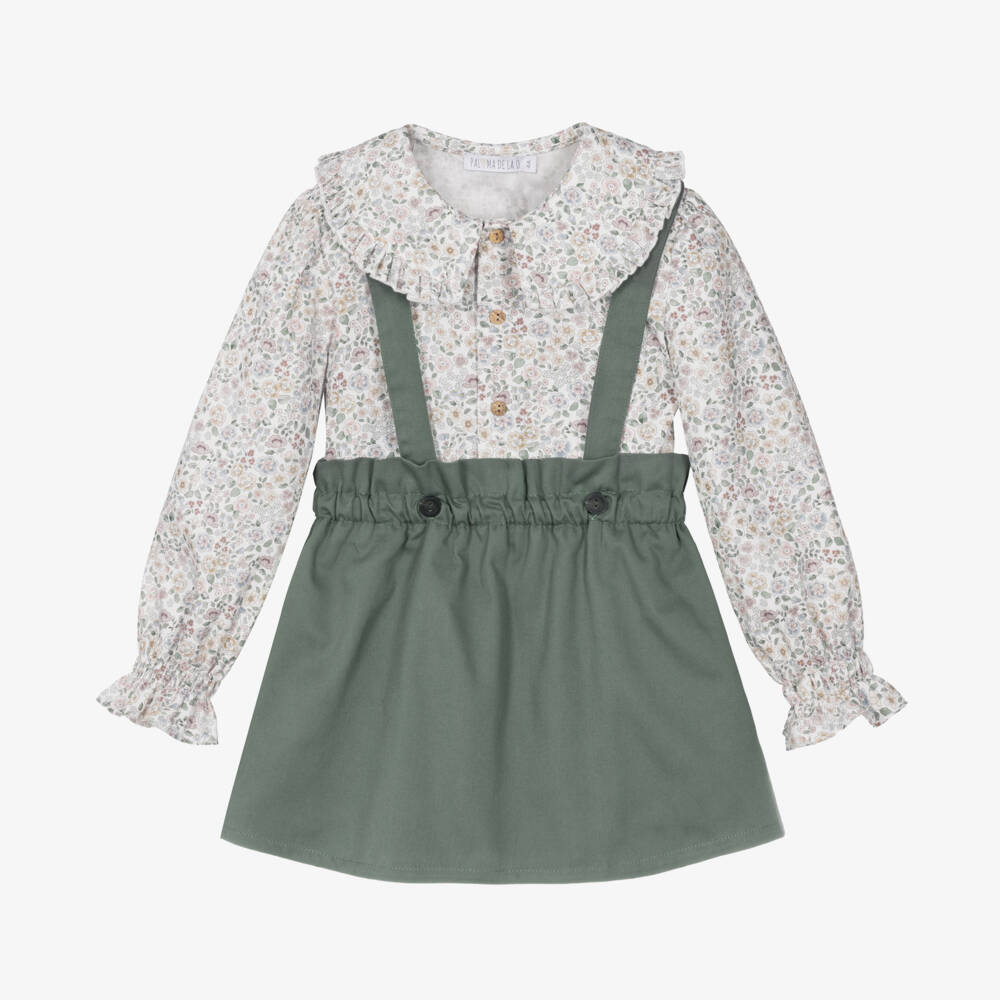 Paloma de la O-Girls Ivory Floral Blouse & Green Cotton Skirt Set | Childrensalon