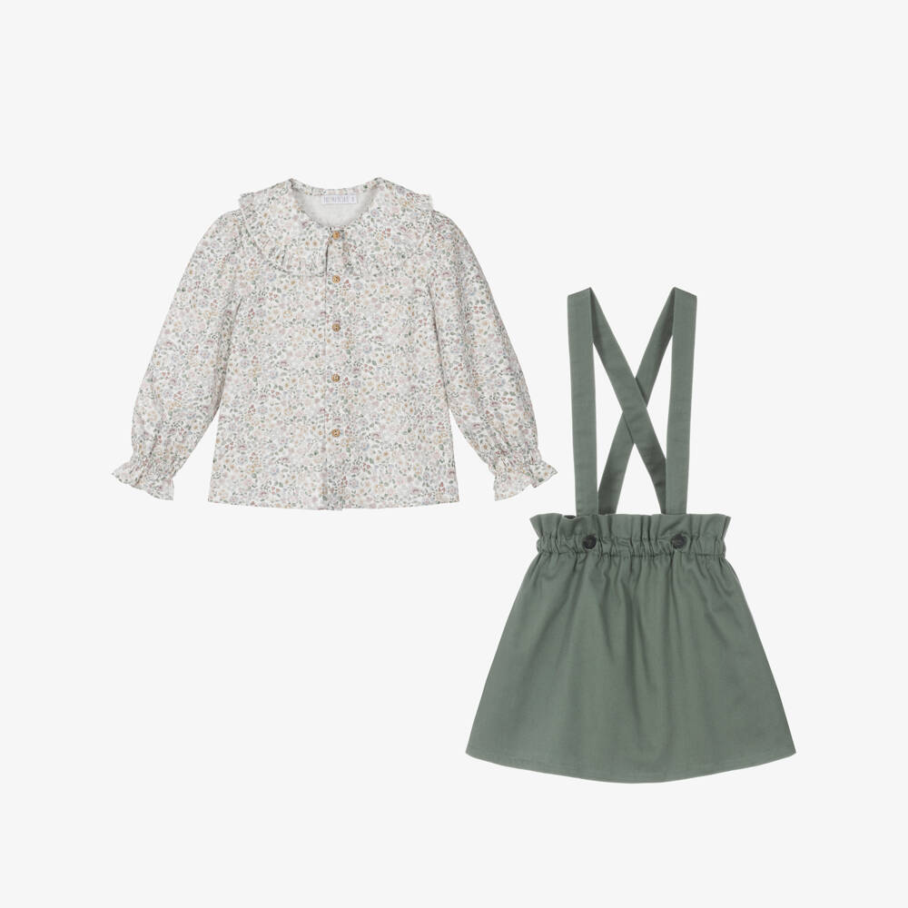 Paloma de la O-Girls Ivory Floral Blouse & Green Cotton Skirt Set | Childrensalon