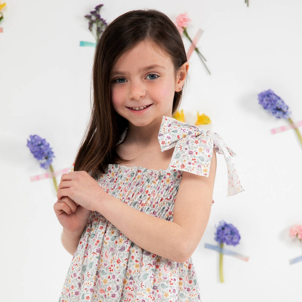 Paloma de la O - Girls Ivory & Green Floral Print Dress | Childrensalon