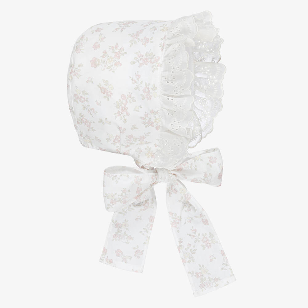 Paloma de la O-Girls Ivory & Pink Cotton Floral Bonnet | Childrensalon