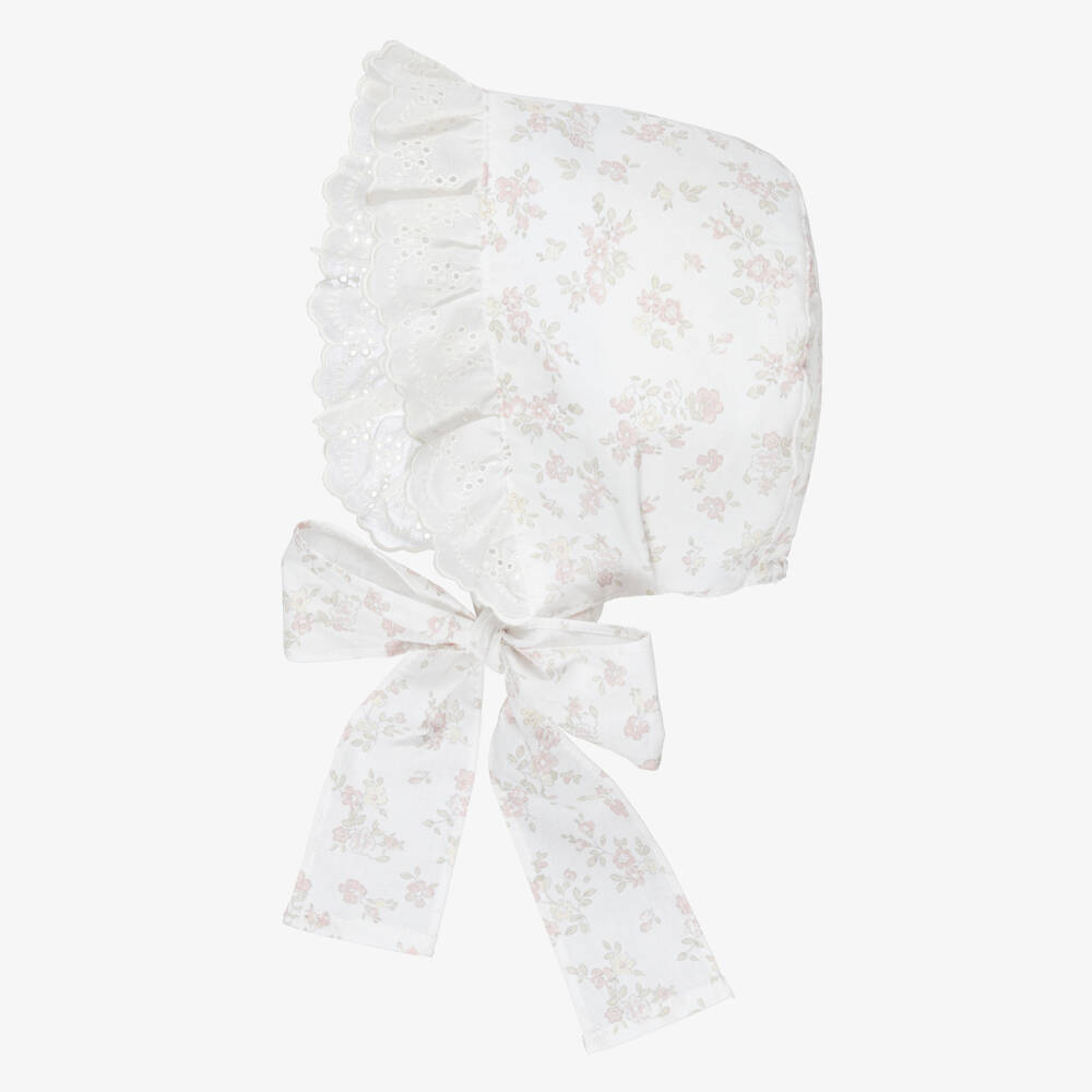 Paloma de la O-Girls Ivory & Pink Cotton Floral Bonnet | Childrensalon