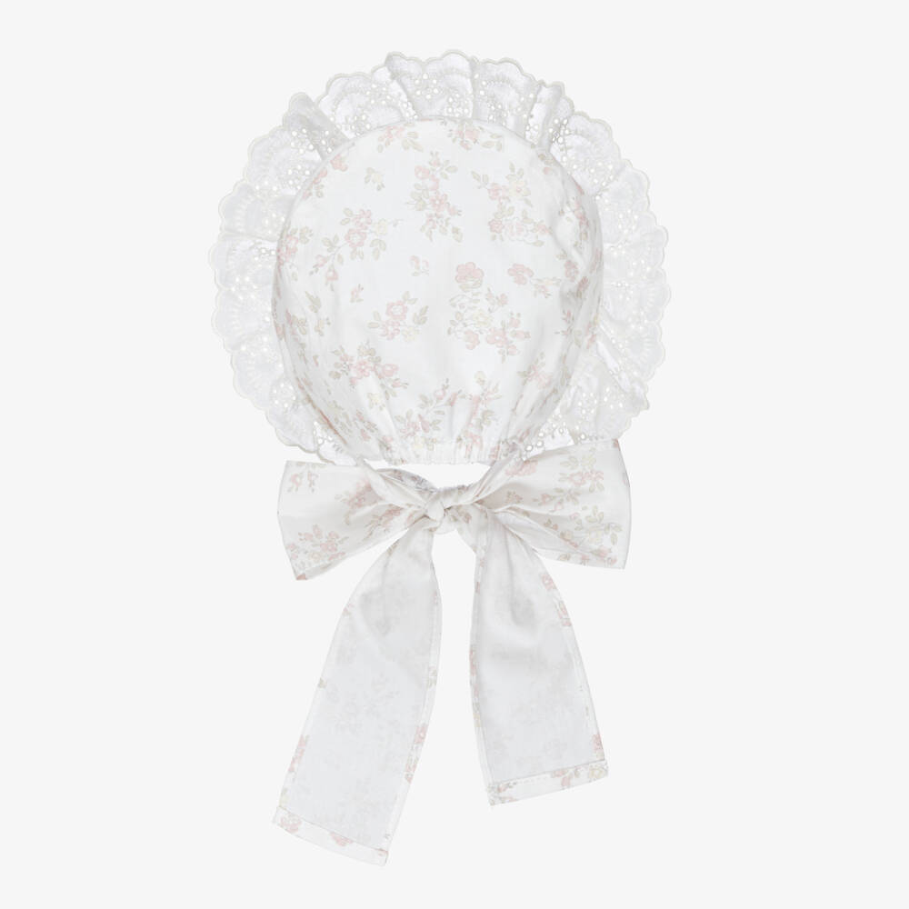 Paloma de la O-Girls Ivory & Pink Cotton Floral Bonnet | Childrensalon