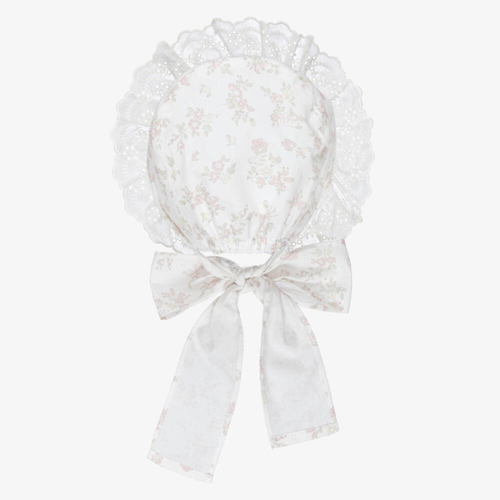 Paloma de la O-Girls Ivory & Pink Cotton Floral Bonnet | Childrensalon