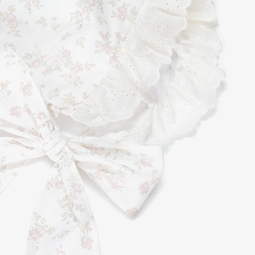 Paloma de la O-Girls Ivory & Pink Cotton Floral Bonnet | Childrensalon