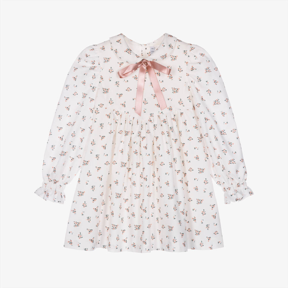 Paloma de la O-Girls Ivory & Pink Floral Cotton Dress | Childrensalon