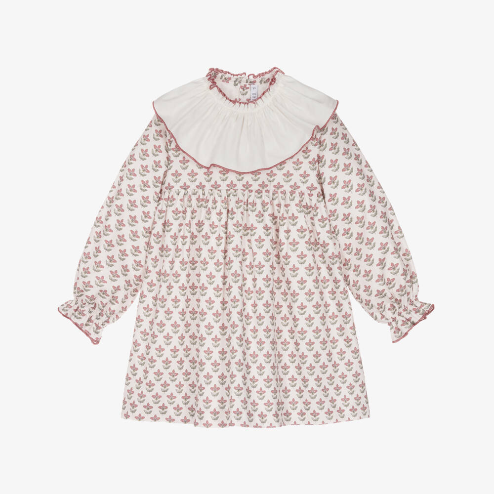 Paloma de la O-Girls Ivory & Pink Floral Cotton Dress with Ruffle Collar | Childrensalon