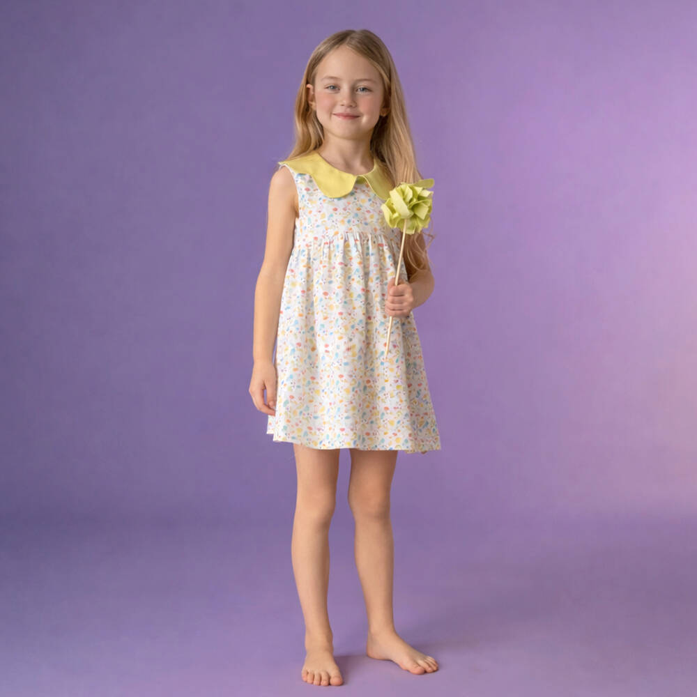 Paloma de la O-Girls Lime Green Floral Cotton Dress | Childrensalon