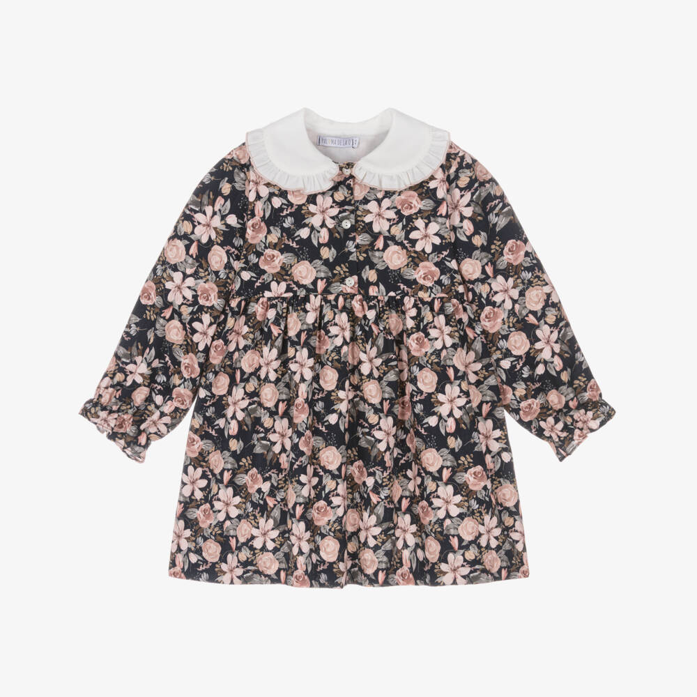 Paloma de la O-Girls Midnight Blue & Pink Floral Cotton Dress | Childrensalon