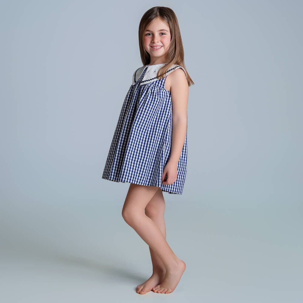 Paloma de la O-Girls Navy Blue & White Gingham Dress | Childrensalon