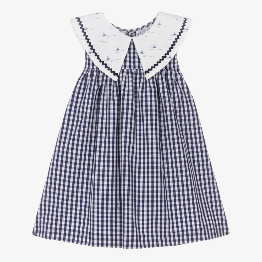 Paloma de la O-Girls Navy Blue & White Gingham Dress | Childrensalon
