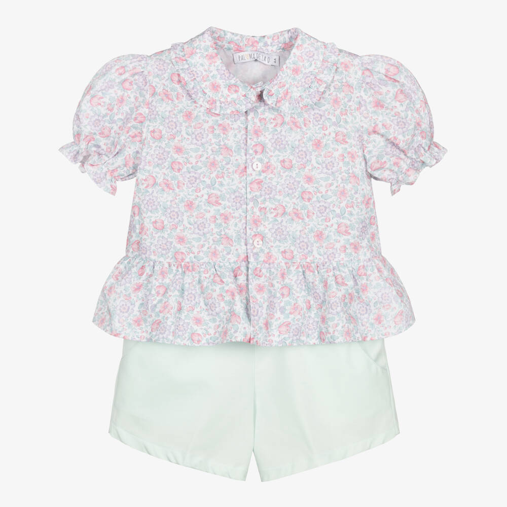 Paloma de la O-Girls Purple & Green Floral Print Cotton Shorts Set | Childrensalon