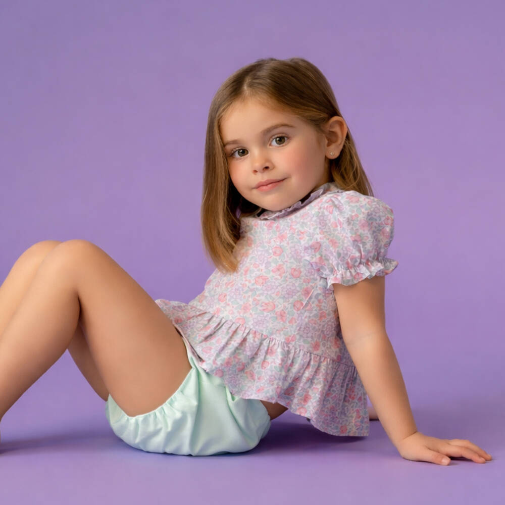 Paloma de la O-Girls Purple & Green Floral Print Cotton Shorts Set | Childrensalon