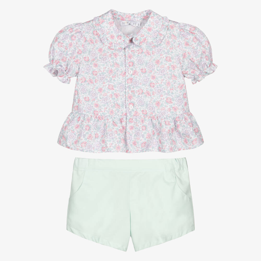 Paloma de la O-Girls Purple & Green Floral Print Cotton Shorts Set | Childrensalon