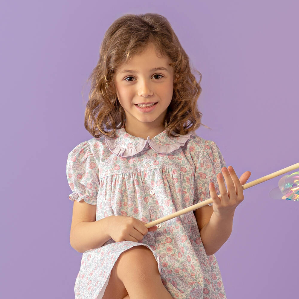 Paloma de la O-Girls Purple & Pink Floral Print Cotton Dress | Childrensalon