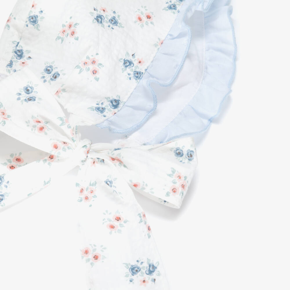 Paloma de la O-Girls White & Blue Floral Cotton Bonnet | Childrensalon