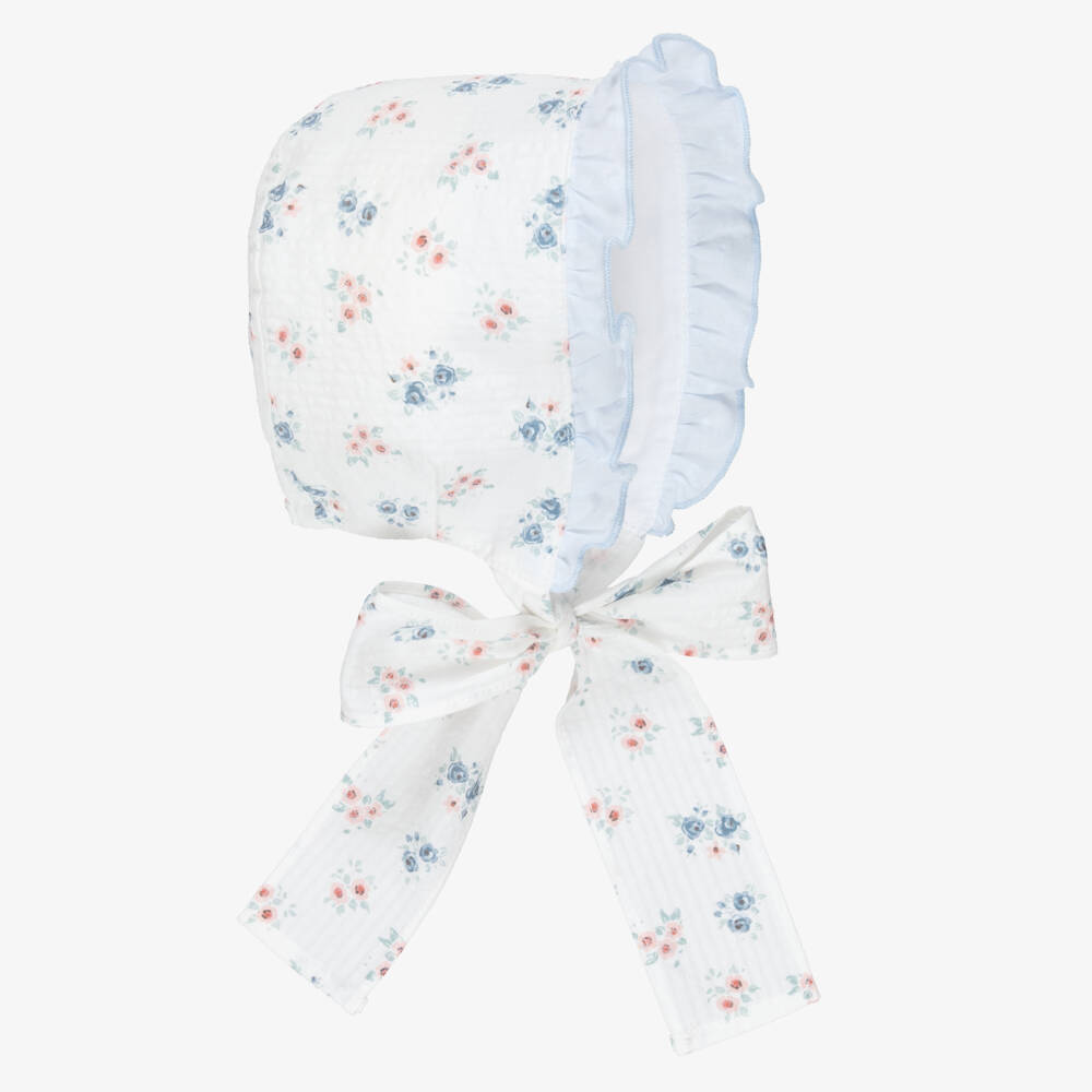 Paloma de la O-Girls White & Blue Floral Cotton Bonnet | Childrensalon