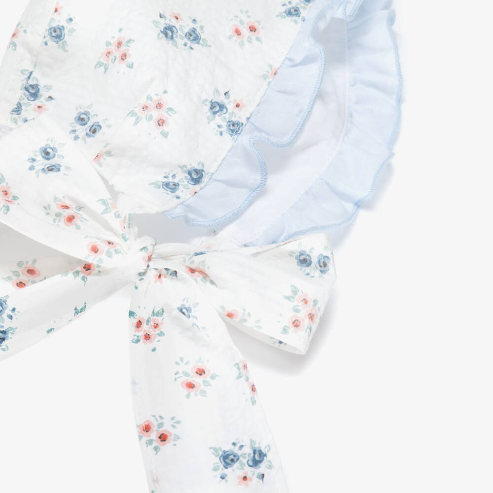 Paloma de la O-Girls White & Blue Floral Cotton Bonnet | Childrensalon