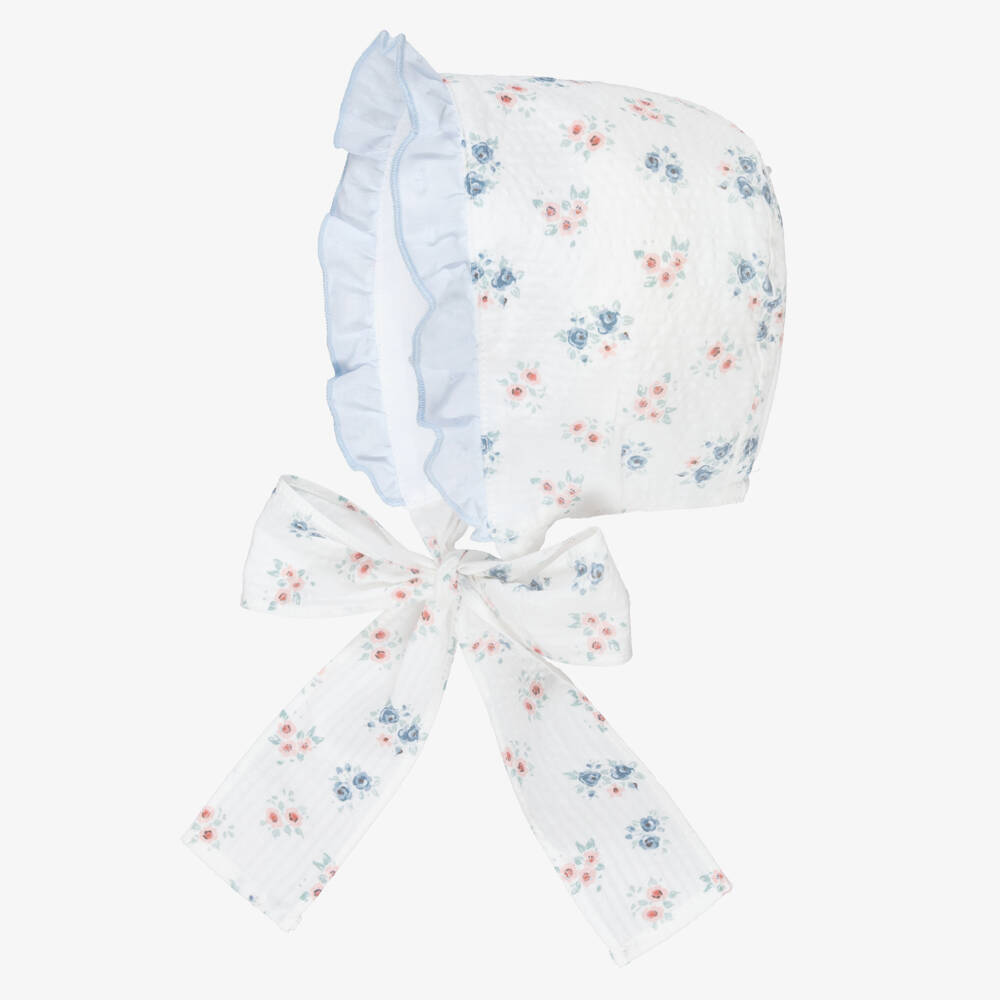 Paloma de la O-Girls White & Blue Floral Cotton Bonnet | Childrensalon