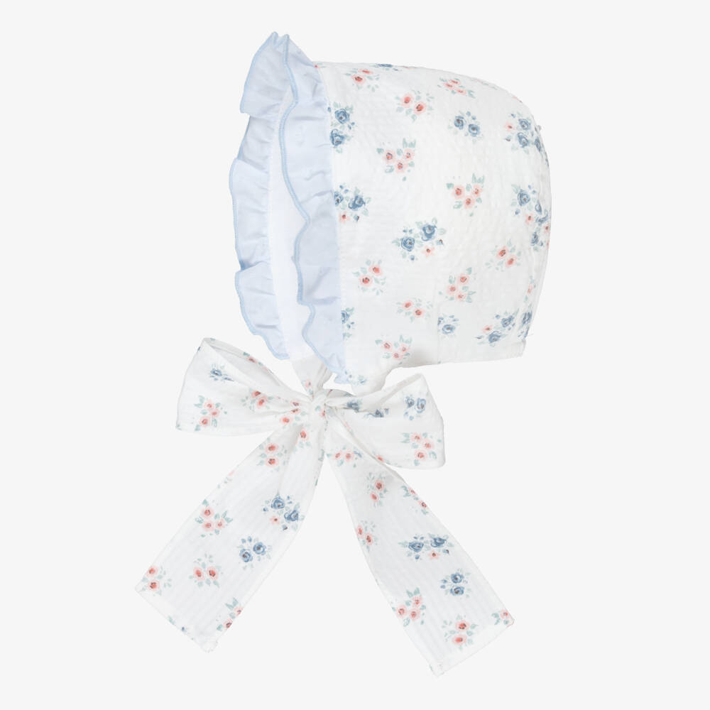 Paloma de la O-Girls White & Blue Floral Cotton Bonnet | Childrensalon