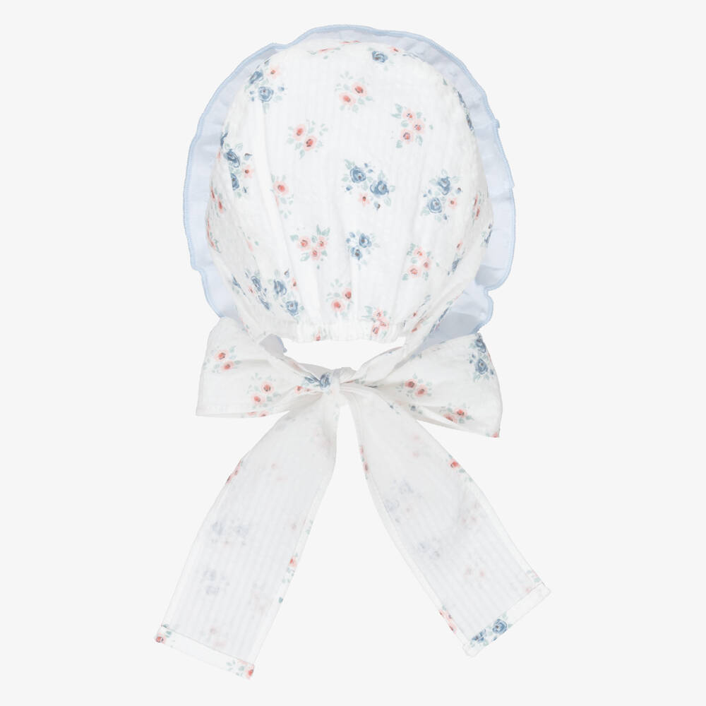 Paloma de la O-Girls White & Blue Floral Cotton Bonnet | Childrensalon