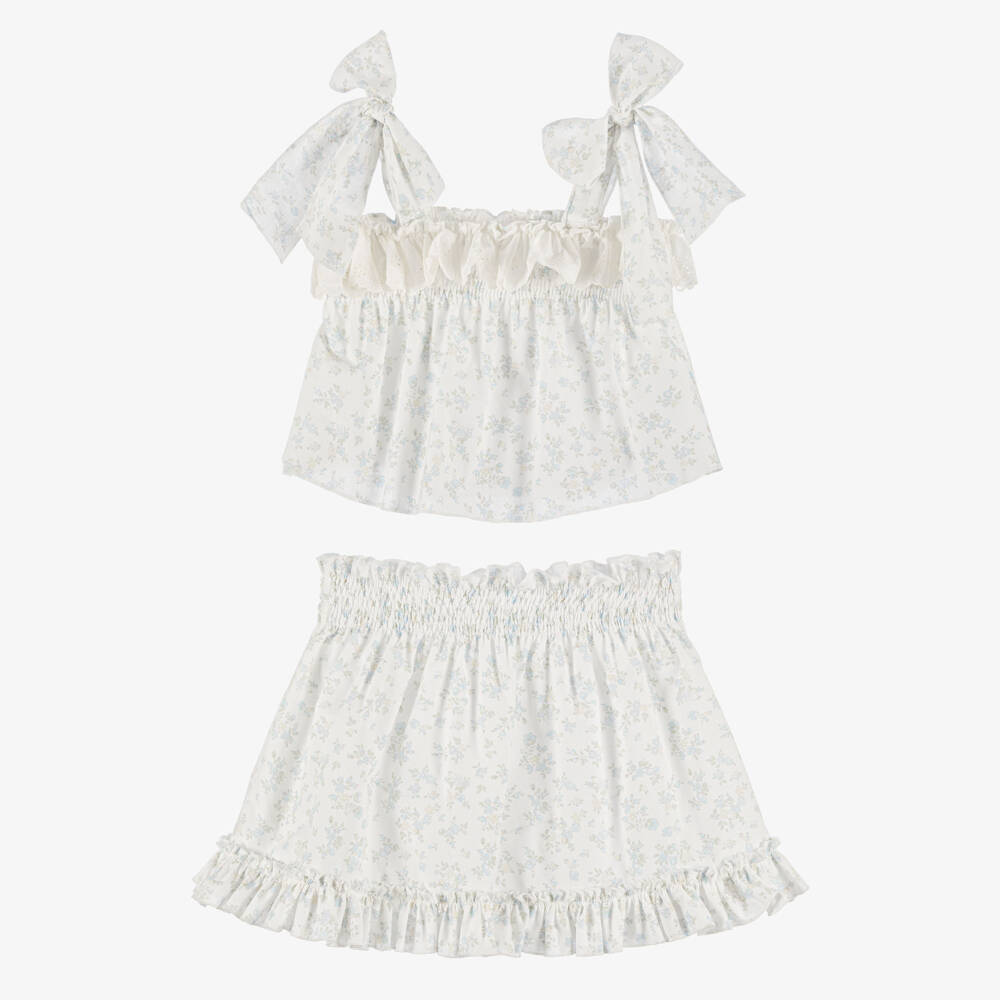 Paloma de la O-Girls White & Blue Floral Print Cotton Skirt Set | Childrensalon