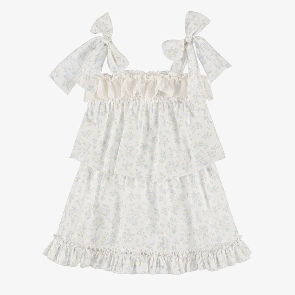 Paloma de la O-Girls White & Blue Floral Print Cotton Skirt Set | Childrensalon