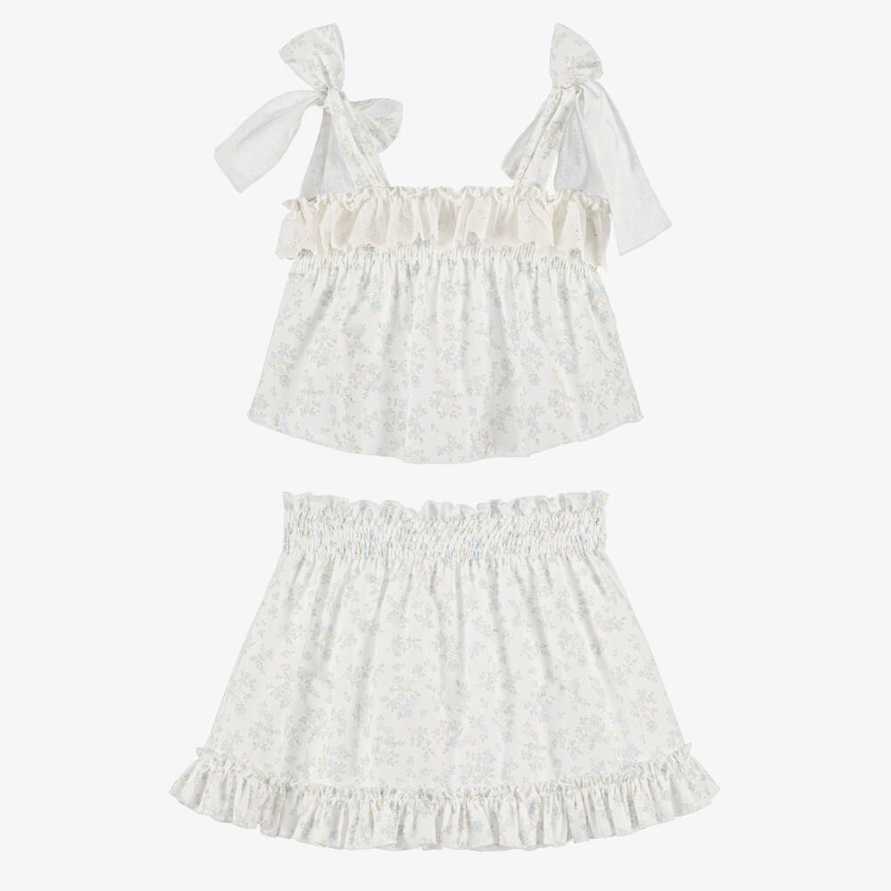 Paloma de la O-Girls White & Blue Floral Print Cotton Skirt Set | Childrensalon