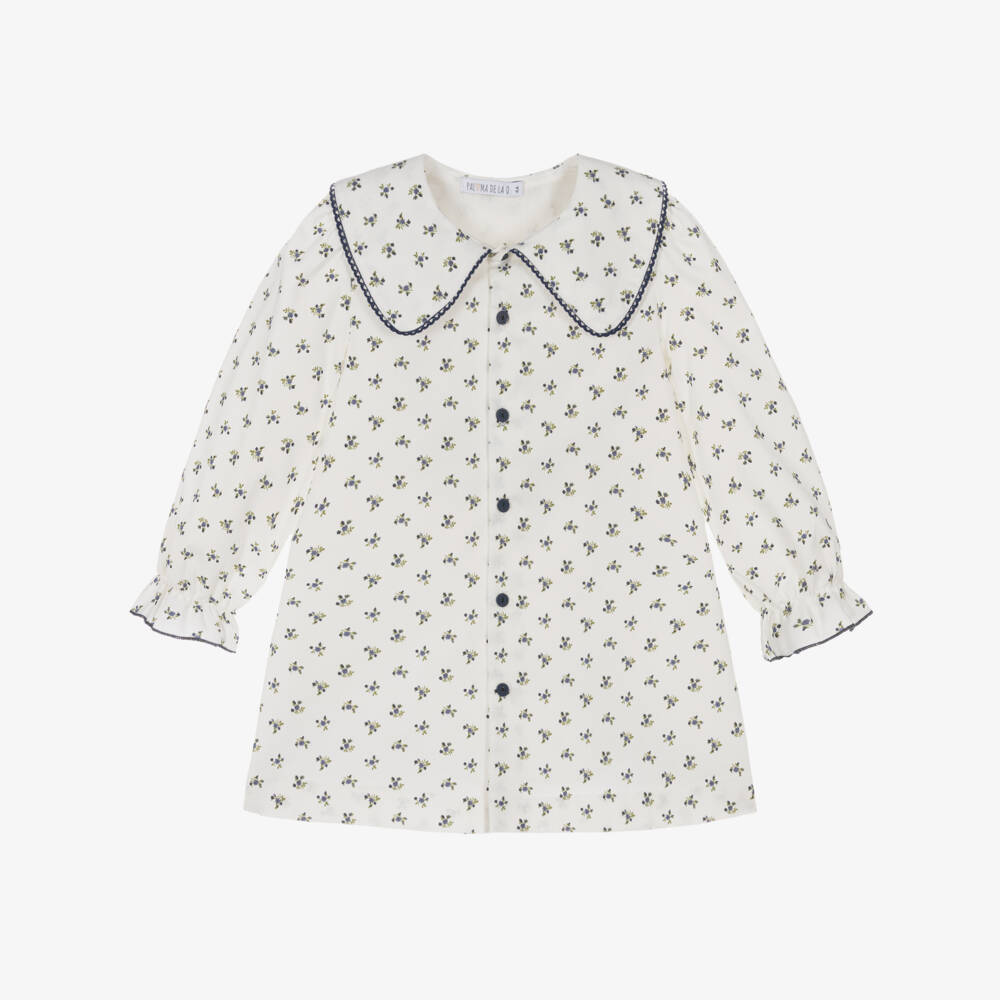 Paloma de la O-Girls White Cotton Dress with Blue Floral Pattern | Childrensalon