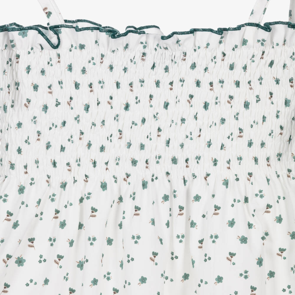 Paloma de la O-Girls White & Green Cotton Floral Dress | Childrensalon