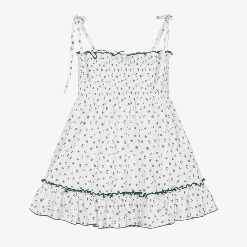 Paloma de la O-Girls White & Green Cotton Floral Dress | Childrensalon