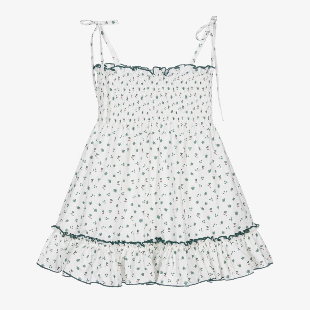 Paloma de la O-Girls White & Green Cotton Floral Dress | Childrensalon