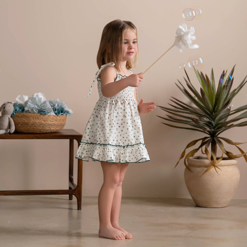 Paloma de la O-Girls White & Green Cotton Floral Dress | Childrensalon