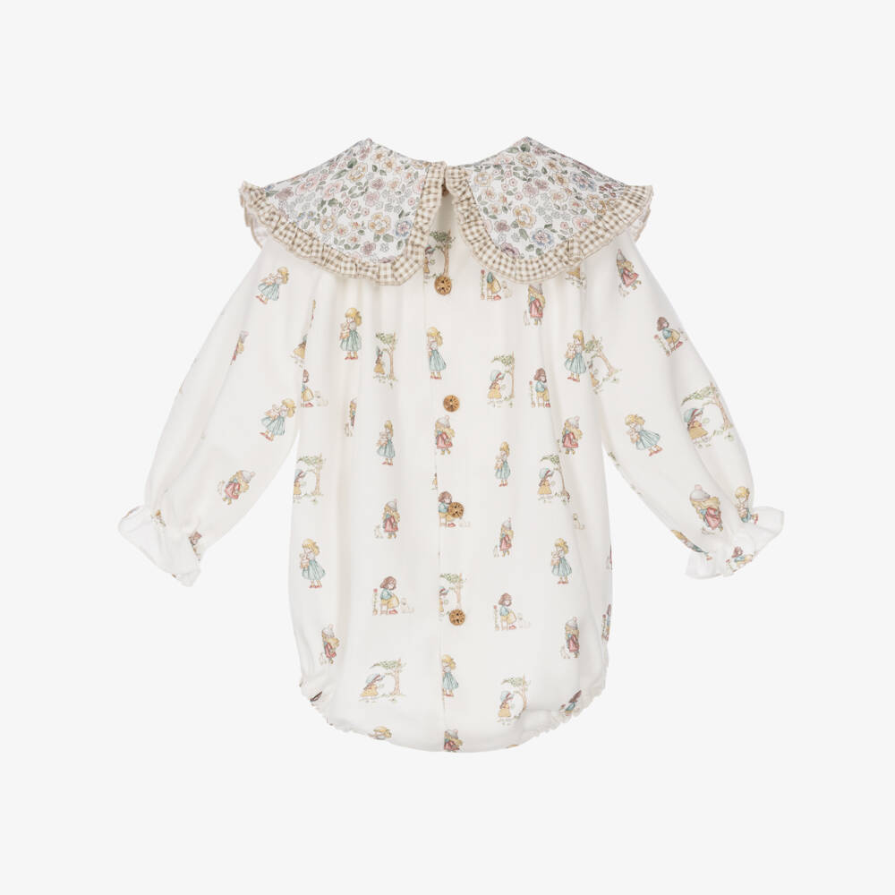 Paloma de la O-Ivory Girls Print Cotton Shortie with Frilly Collar | Childrensalon