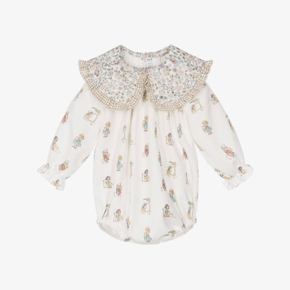 Paloma de la O-Ivory Girls Print Cotton Shortie with Frilly Collar  | Childrensalon