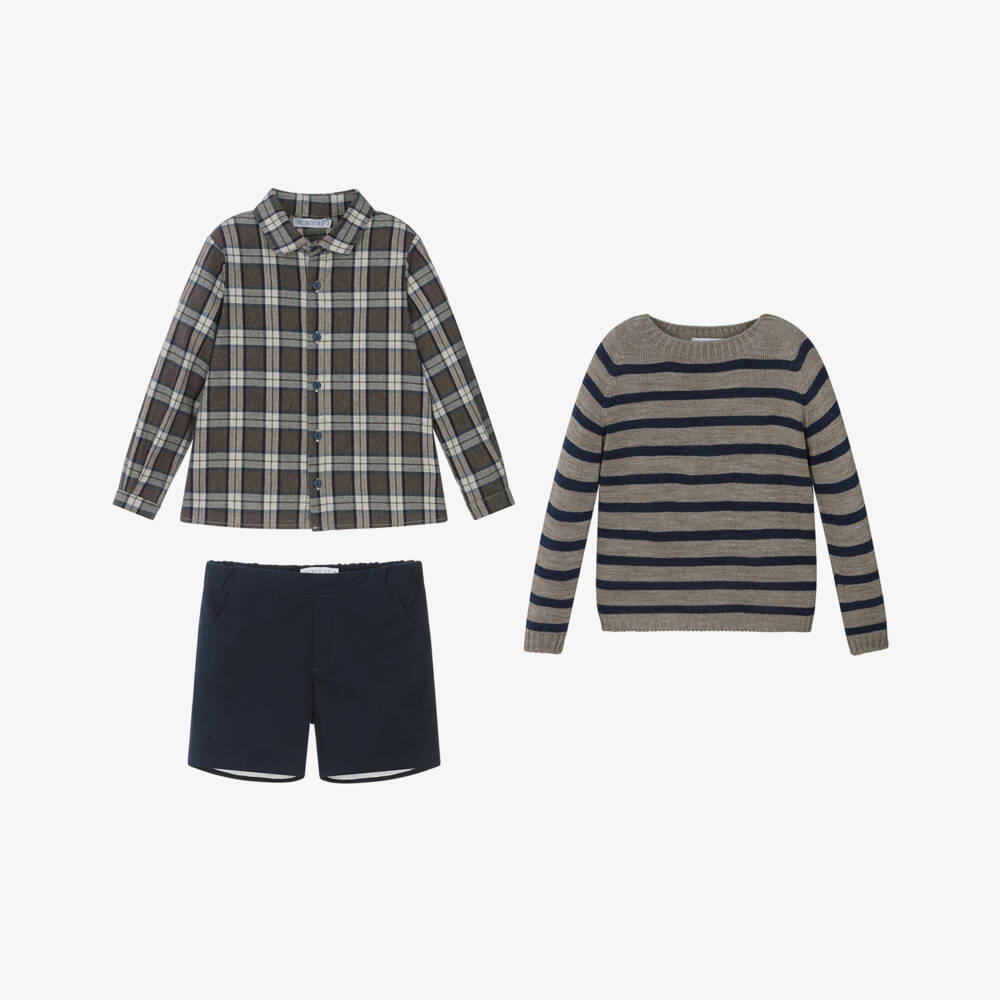 Paloma de la O-Navy Blue & Brown Cotton Shorts Set with Striped Sweater | Childrensalon