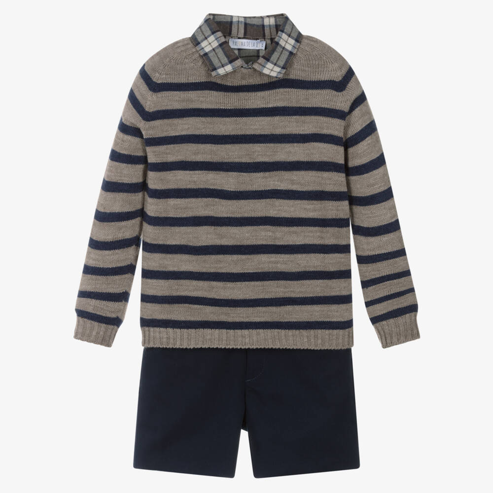 Paloma de la O-Navy Blue & Brown Cotton Shorts Set with Striped Sweater | Childrensalon