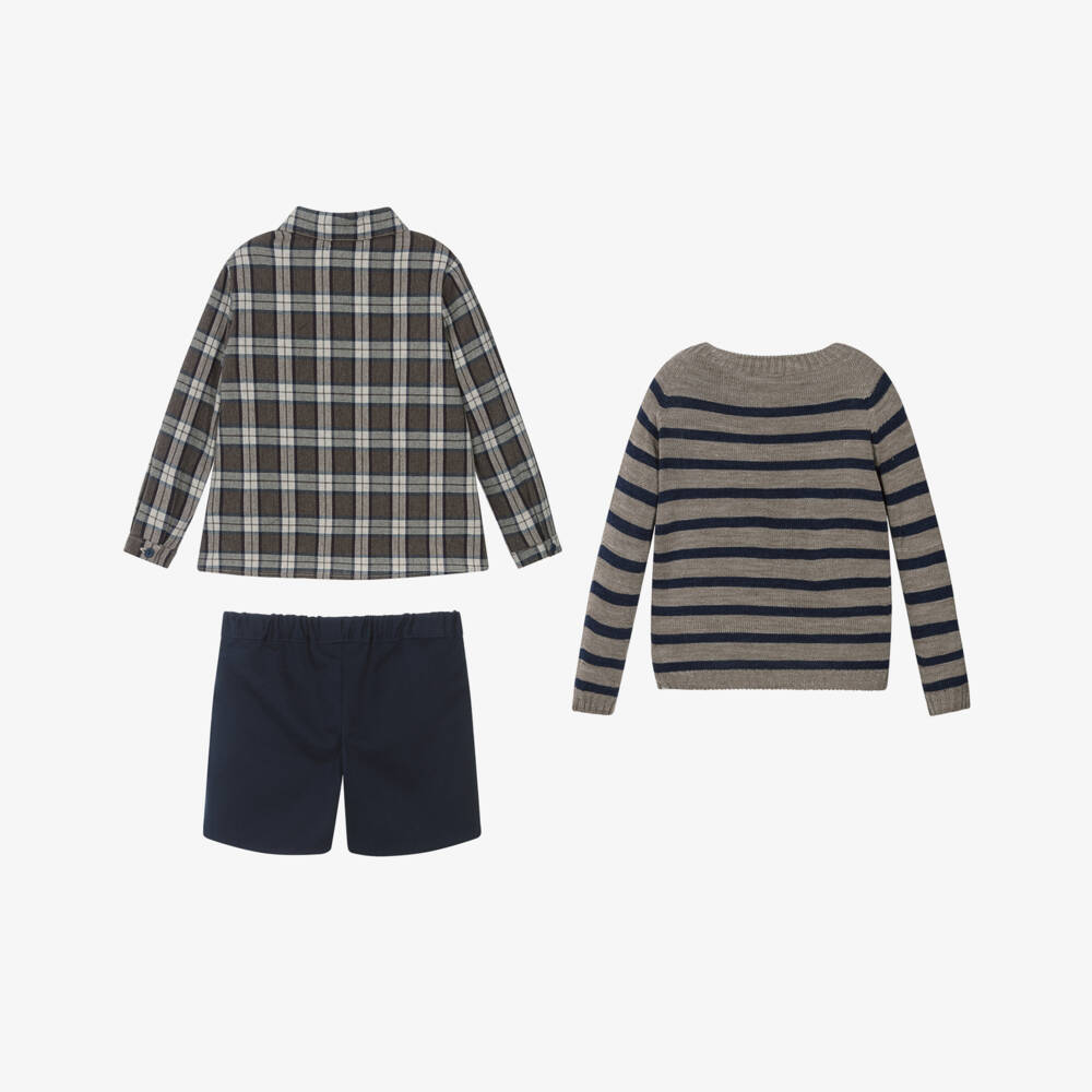 Paloma de la O-Navy Blue & Brown Cotton Shorts Set with Striped Sweater | Childrensalon
