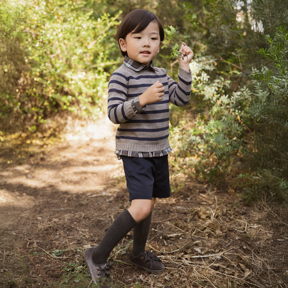 Paloma de la O-Navy Blue & Brown Cotton Shorts Set with Striped Sweater | Childrensalon