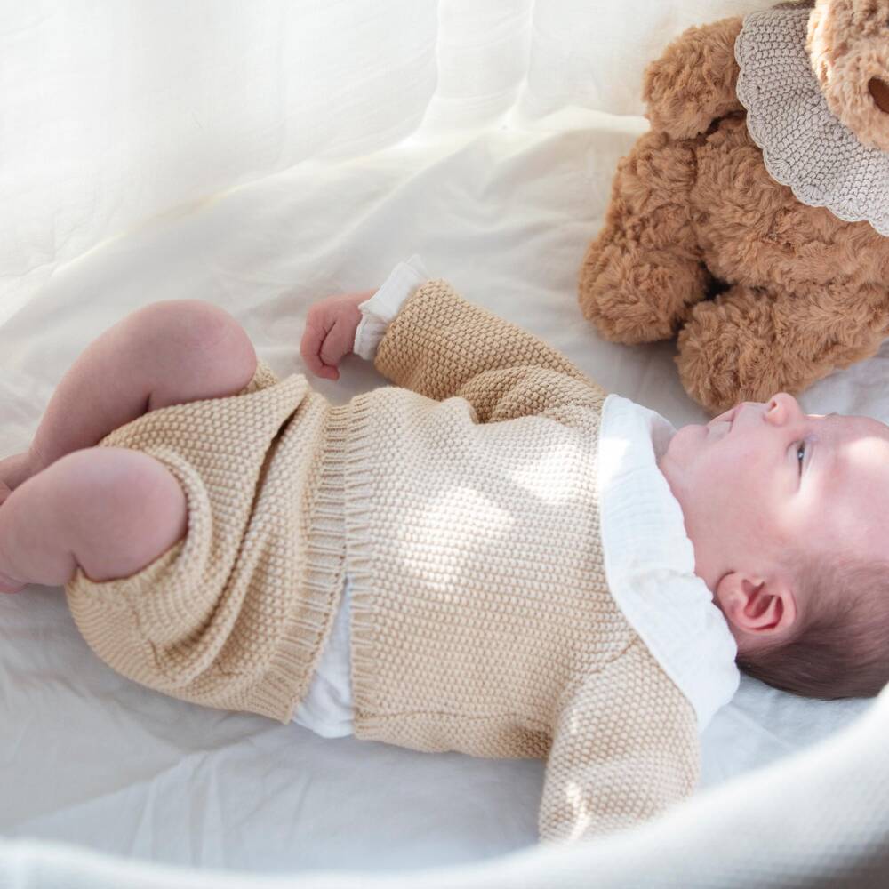 Pasito a Pasito Walking Mum-Beige Cotton Knit Baby Cardigan & Shorts Set | Childrensalon