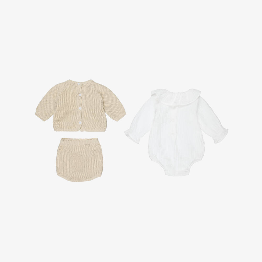 Pasito a Pasito Walking Mum-Beige Cotton Knit Baby Cardigan & Shorts Set | Childrensalon