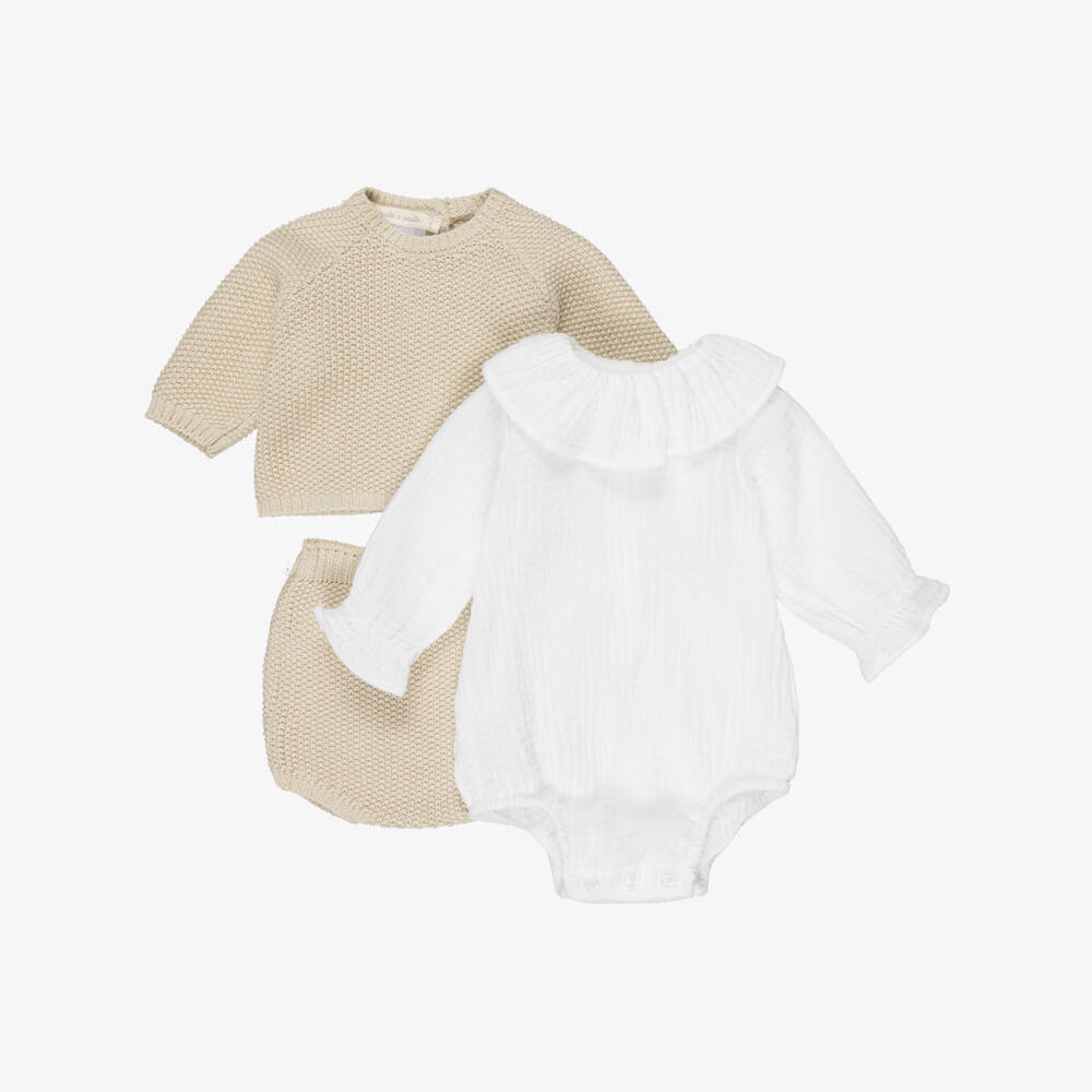 Pasito a Pasito Walking Mum-Beige Cotton Knit Baby Cardigan & Shorts Set | Childrensalon