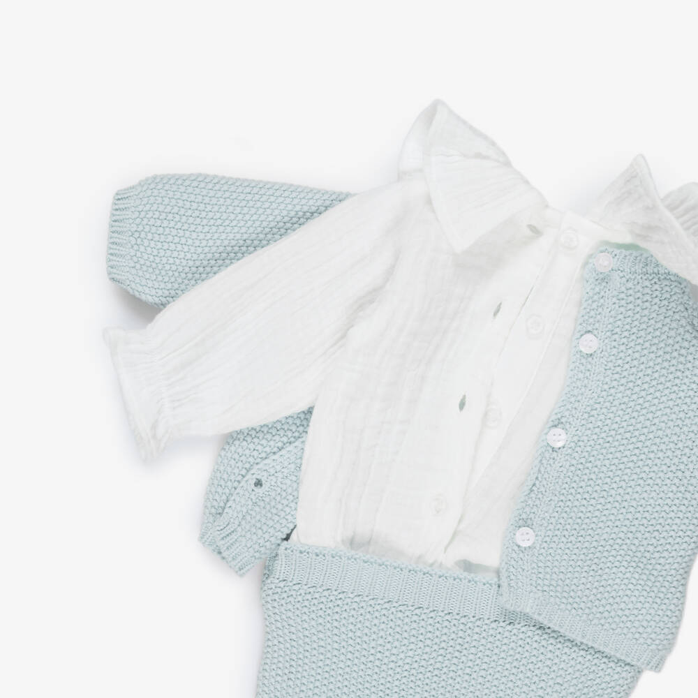Pasito a Pasito Walking Mum-Blue Cotton Knit Baby Cardigan & Shorts Set | Childrensalon