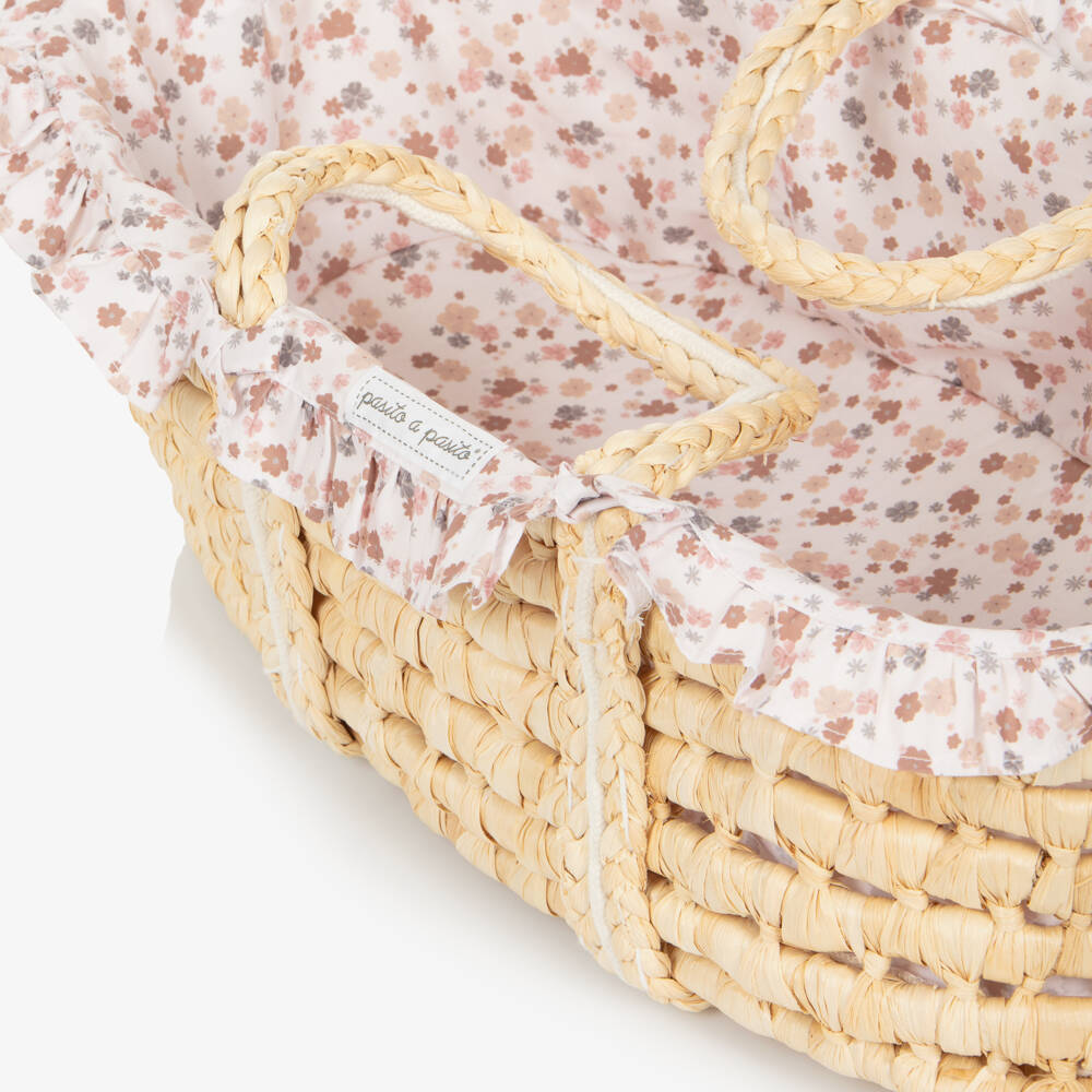 Pasito a Pasito-Girls Wicker Dolls Moses Basket with Floral Lining (48cm) | Childrensalon