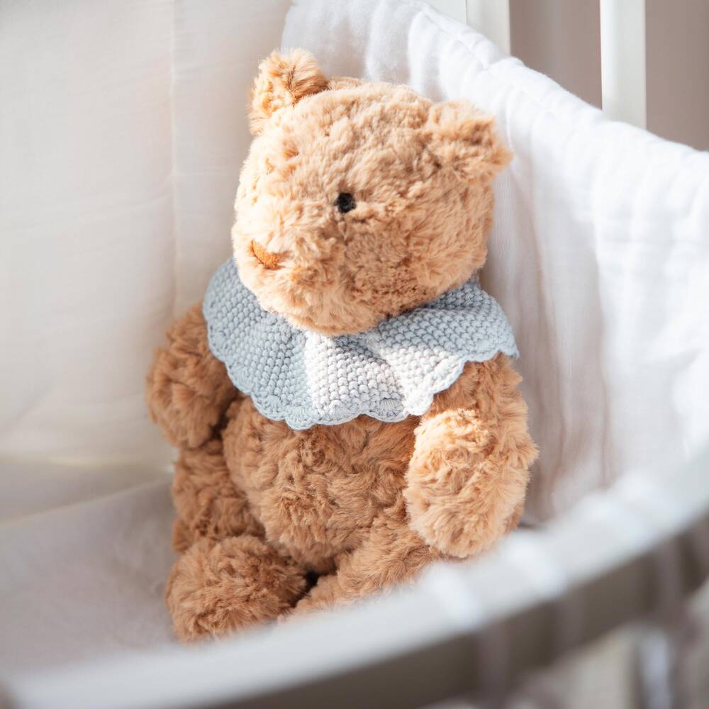 Pasito a Pasito Walking Mum-دب تيدي مخمل بياقة محبوكة لون بني وأزرق للأولاد (26 سم) | Childrensalon
