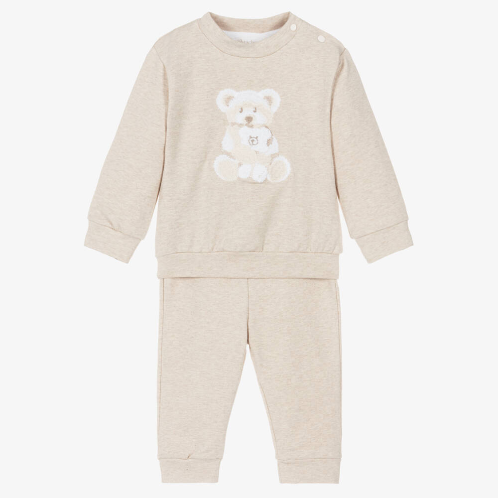 Patachou-Baby Boys Beige Marl Cotton Teddy Bear Tracksuit | Childrensalon