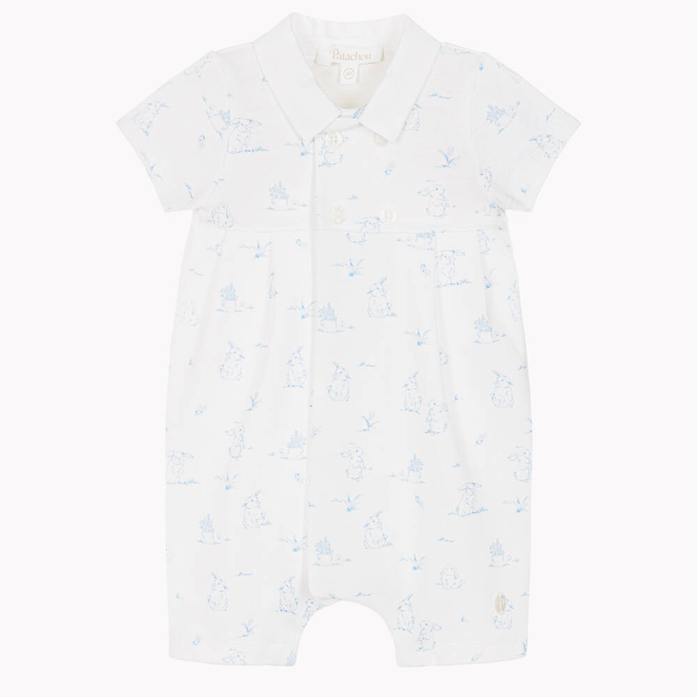 Patachou-Baby Boys Blue Cotton Piqué Bunny Print Shortie | Childrensalon