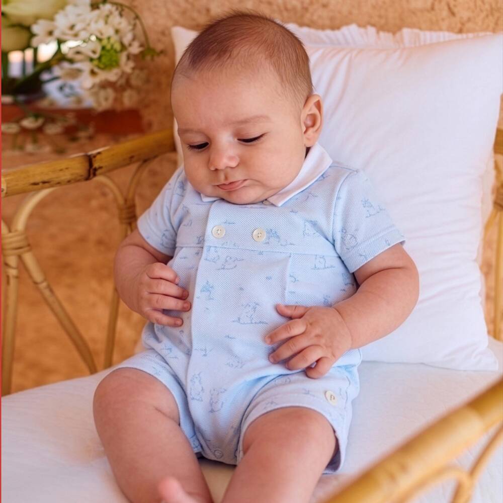 Patachou-Baby Boys Blue Cotton Piqué Bunny Print Shortie | Childrensalon