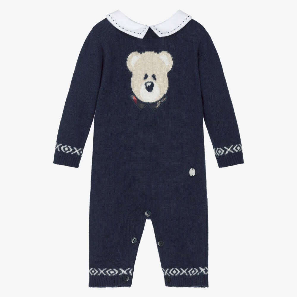 Patachou-Baby Boys Blue Merino Wool & Cashmere Blend Bear Romper | Childrensalon
